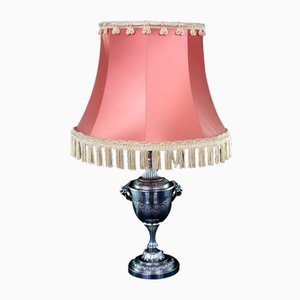 Art Deco Silvered Goats Rose Table Lamp with Pink Silk Lampshade, 1930s-NGU-1820010