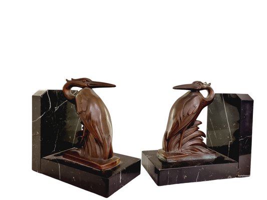 Art Deco Spelter on Marble Bookends with Cranes by Maurice Frecourt, France, 1920-1930s, Set of 2-SAK-1823650