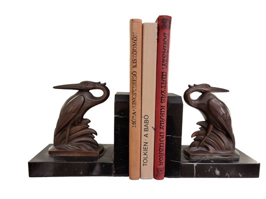 Art Deco Spelter on Marble Bookends with Cranes by Maurice Frecourt, France, 1920-1930s, Set of 2-SAK-1823650