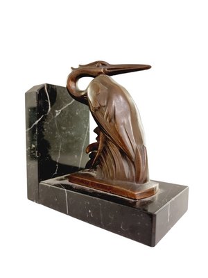 Art Deco Spelter on Marble Bookends with Cranes by Maurice Frecourt, France, 1920-1930s, Set of 2-SAK-1823650