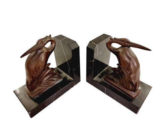 Art Deco Spelter on Marble Bookends with Cranes by Maurice Frecourt, France, 1920-1930s, Set of 2-SAK-1823650