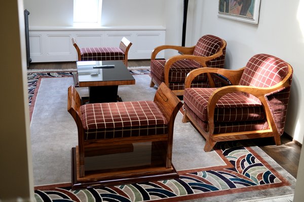 Art Deco Stool in Nutwood High Gloss Lacquered with Checkered Upholstery, 1930s-CXC-1755075