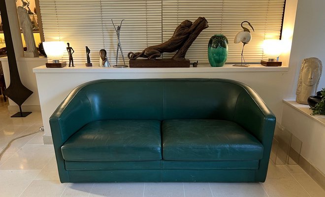 Art Deco Style 3-Seater Sofa in Green Leather, 1980s-BA-1698367