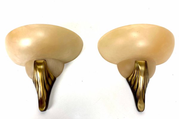 Art Deco Style Alabaster and Bronze Wall Lamps, 1950s, Set of 2-WZZ-1048063