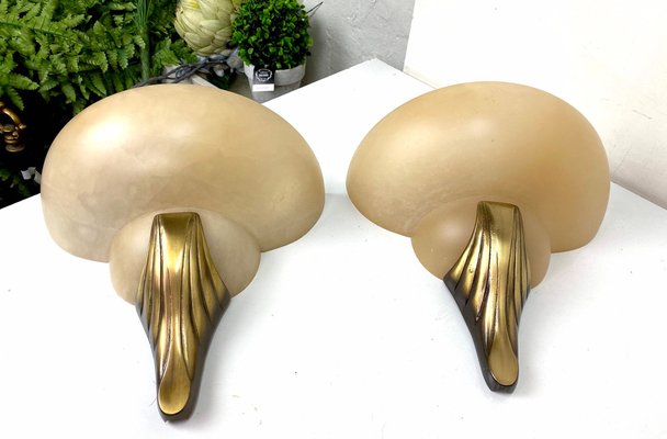 Art Deco Style Alabaster and Bronze Wall Lamps, 1950s, Set of 2-WZZ-1048063