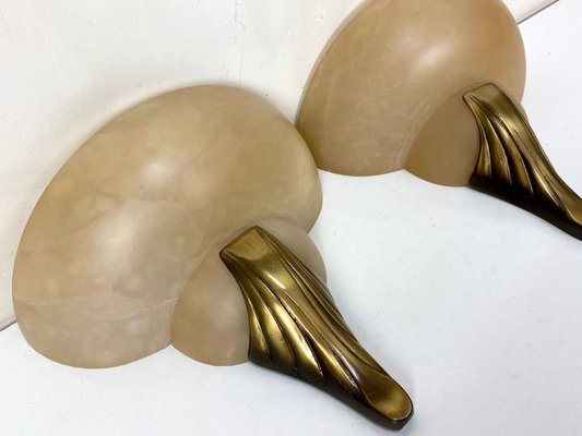 Art Deco Style Alabaster and Bronze Wall Lamps, 1950s, Set of 2-WZZ-1048063