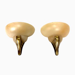 Art Deco Style Alabaster and Bronze Wall Lamps, 1950s, Set of 2-WZZ-1048063