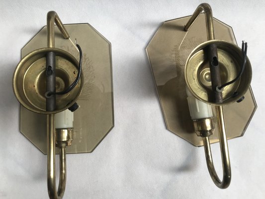 Art Deco Style Brass and Glass Wall Lights, 1960s, Set of 2-WQQ-1386289