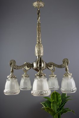 Art Deco Style Bronze and Frosted Glass Floral Chandelier, 1930s-KEG-706461