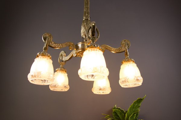 Art Deco Style Bronze and Frosted Glass Floral Chandelier, 1930s-KEG-706461