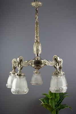 Art Deco Style Bronze and Frosted Glass Floral Chandelier, 1930s-KEG-706461