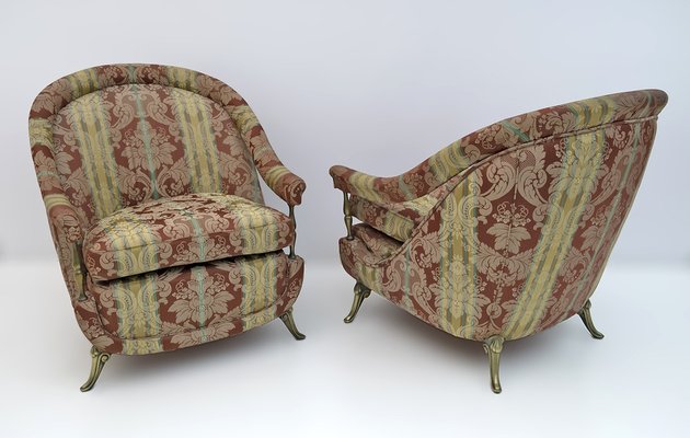 Art Deco Style French Brass and Fabric Armchairs, 1950s, Set of 2-FER-1749943