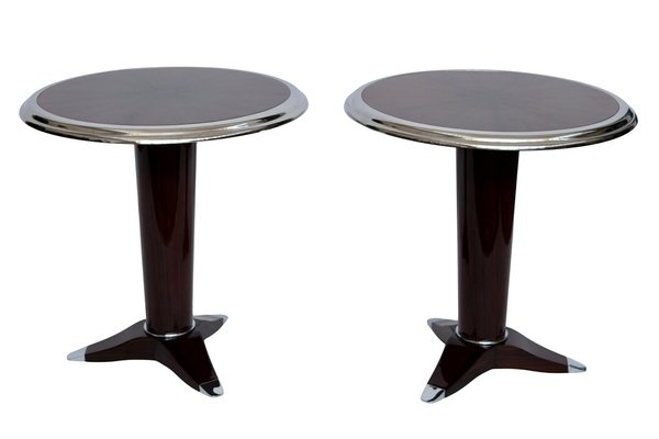 Art Deco Style Round Side Table in Lacquered Mahogany and Chrome, 1990s-CXC-1755063