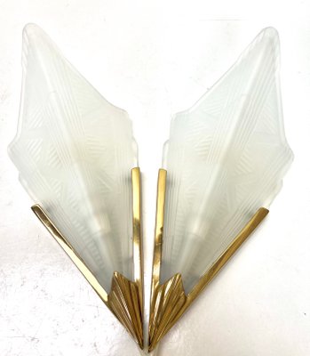 Art Deco Style Triangle Glass Brass Wall Lights Sconces, Sweden, 1980s, Set of 2-WZZ-1440853