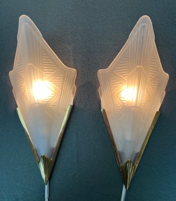 Art Deco Style Triangle Glass Brass Wall Lights Sconces, Sweden, 1980s, Set of 2-WZZ-1440853