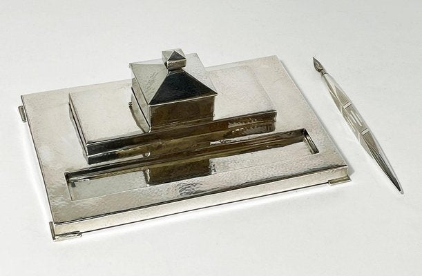 Art-Deco Swedish Hammered Silver Inkwell with Silver Pen, Set of 2-UCH-1224401