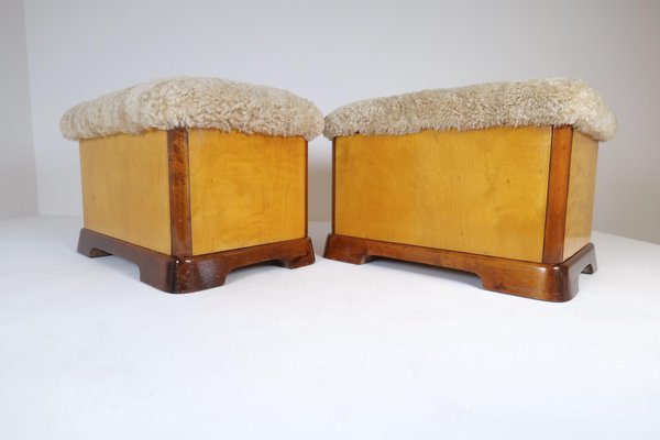 Art Deco Swedish Stools in Lacquered Birch and Mahogany and Sheepskin Seat, 1940s, Set of 2-UYK-1266794