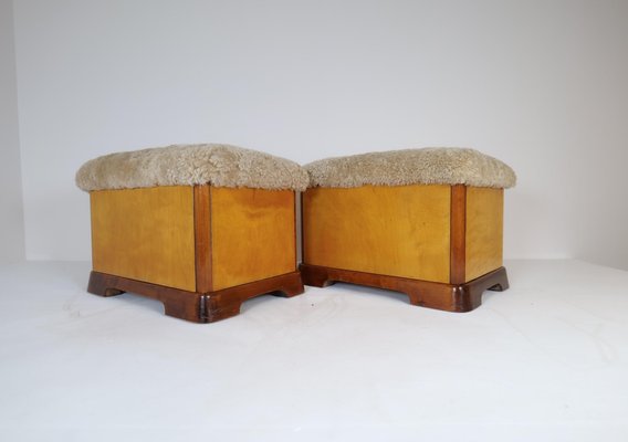 Art Deco Swedish Stools in Lacquered Birch and Mahogany and Sheepskin Seat, 1940s, Set of 2-UYK-1266794