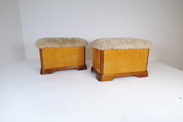 Art Deco Swedish Stools in Lacquered Birch and Mahogany and Sheepskin Seat, 1940s, Set of 2-UYK-1266794