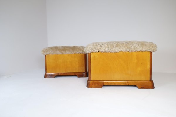 Art Deco Swedish Stools in Lacquered Birch and Mahogany and Sheepskin Seat, 1940s, Set of 2-UYK-1266794