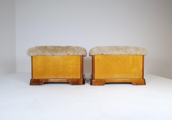 Art Deco Swedish Stools in Lacquered Birch and Mahogany and Sheepskin Seat, 1940s, Set of 2-UYK-1266794