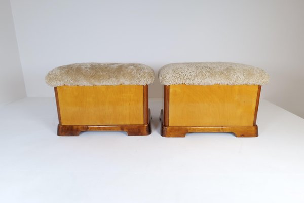 Art Deco Swedish Stools in Lacquered Birch and Mahogany and Sheepskin Seat, 1940s, Set of 2-UYK-1266794