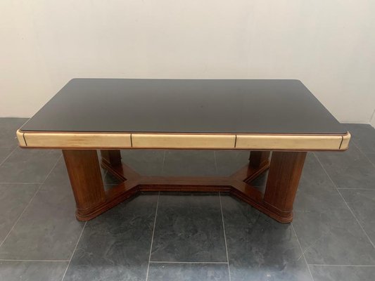 Art Deco Table in Rosewood and Parchment with Top in Black Glass-IJR-997860