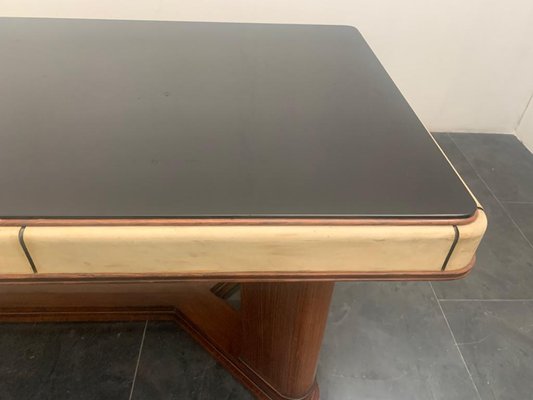 Art Deco Table in Rosewood and Parchment with Top in Black Glass-IJR-997860