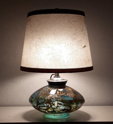 Art Deco Table Lamp with Internally Illuminated Colored Glass Base, Silver Plated Brass Mount & Beige Parchment Shade, 1930s-HOI-1138822