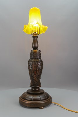 Art Deco Table Lamp with Owl Sculpture and Yellow Glass Lampshade, 1920s-KEG-1767262