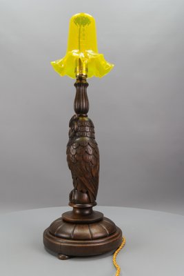 Art Deco Table Lamp with Owl Sculpture and Yellow Glass Lampshade, 1920s-KEG-1767262