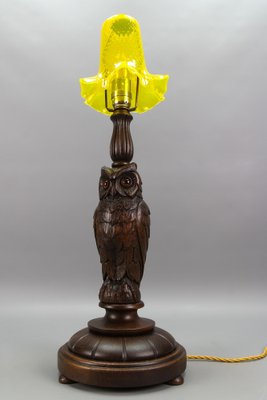 Art Deco Table Lamp with Owl Sculpture and Yellow Glass Lampshade, 1920s-KEG-1767262