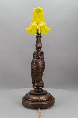 Art Deco Table Lamp with Owl Sculpture and Yellow Glass Lampshade, 1920s-KEG-1767262