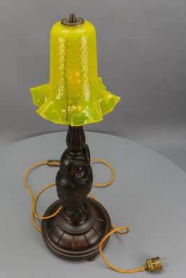 Art Deco Table Lamp with Owl Sculpture and Yellow Glass Lampshade, 1920s-KEG-1767262