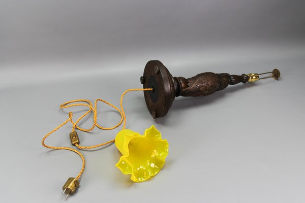 Art Deco Table Lamp with Owl Sculpture and Yellow Glass Lampshade, 1920s-KEG-1767262