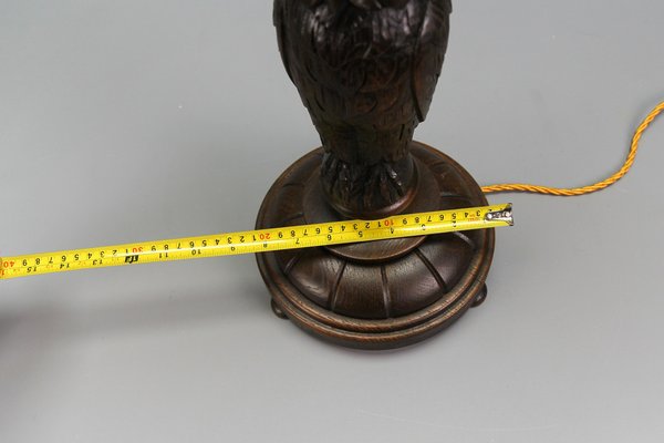 Art Deco Table Lamp with Owl Sculpture and Yellow Glass Lampshade, 1920s-KEG-1767262