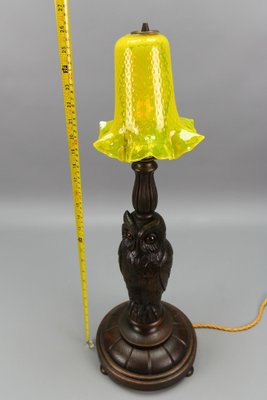 Art Deco Table Lamp with Owl Sculpture and Yellow Glass Lampshade, 1920s-KEG-1767262