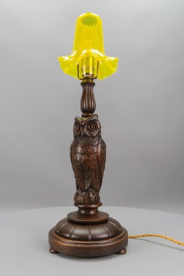 Art Deco Table Lamp with Owl Sculpture and Yellow Glass Lampshade, 1920s-KEG-1767262