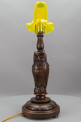 Art Deco Table Lamp with Owl Sculpture and Yellow Glass Lampshade, 1920s-KEG-1767262