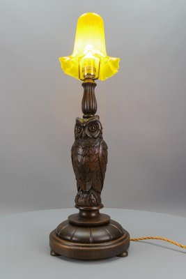 Art Deco Table Lamp with Owl Sculpture and Yellow Glass Lampshade, 1920s-KEG-1767262