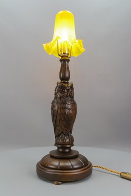 Art Deco Table Lamp with Owl Sculpture and Yellow Glass Lampshade, 1920s-KEG-1767262