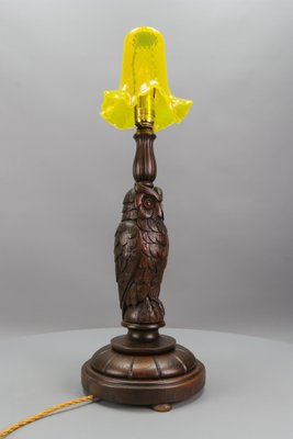 Art Deco Table Lamp with Owl Sculpture and Yellow Glass Lampshade, 1920s-KEG-1767262