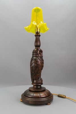 Art Deco Table Lamp with Owl Sculpture and Yellow Glass Lampshade, 1920s-KEG-1767262