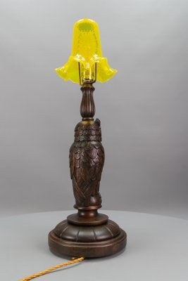 Art Deco Table Lamp with Owl Sculpture and Yellow Glass Lampshade, 1920s-KEG-1767262