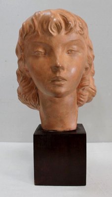 Art Deco Terracotta Bust of a Young Girl by J.C. Guéro, Early 20th Century-RVK-872708