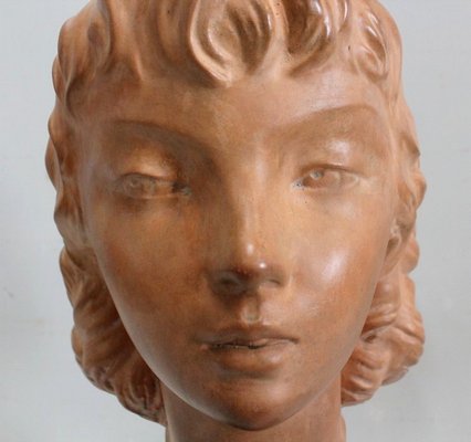 Art Deco Terracotta Bust of a Young Girl by J.C. Guéro, Early 20th Century-RVK-872708