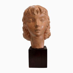 Art Deco Terracotta Bust of a Young Girl by J.C. Guéro, Early 20th Century-RVK-872708