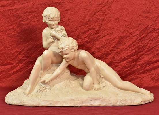 Art Deco Terracotta Sculpture of Two Children Playing, 20th-Century-YVI-1173454