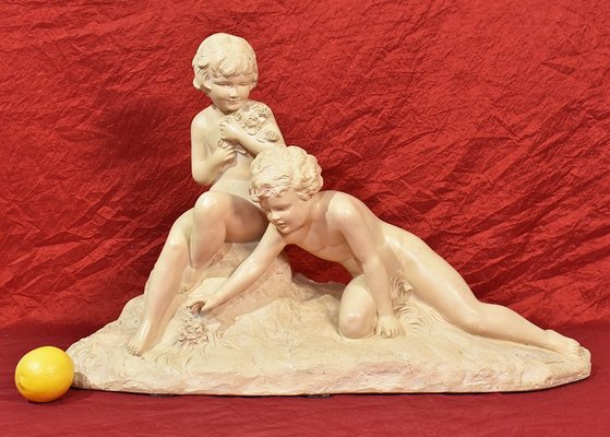 Art Deco Terracotta Sculpture of Two Children Playing, 20th-Century-YVI-1173454