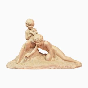 Art Deco Terracotta Sculpture of Two Children Playing, 20th-Century-YVI-1173454